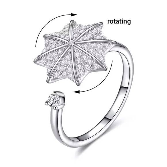 Umbrella Fancy Fidget Spinner Crystal CZ Rotating Silver Ring Resizable - Picture 2 of 5